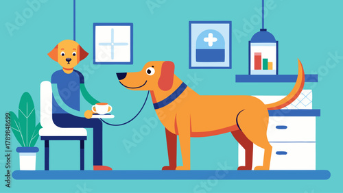 A man is sitting in a chair with a dog on a leash. The dog is looking at the camera and he is happy