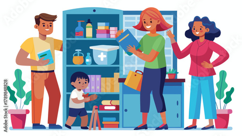 A family is shopping in a store, with a woman holding a book. Scene is cheerful and lighthearted