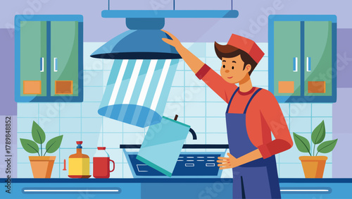 A man in a red apron is pouring water into a pot on a stove. The pot is on top of a burner