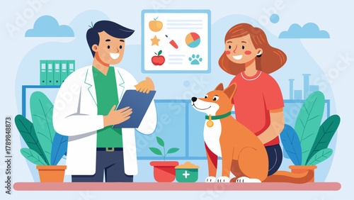 A man and a woman are in a room with a dog. The man is holding a clipboard and the woman is sitting on the floor