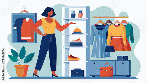 A woman is standing in front of a clothing rack, pointing to a pair of shoes. The image has a bright and cheerful mood, with the woman's smile and the colorful clothing on display