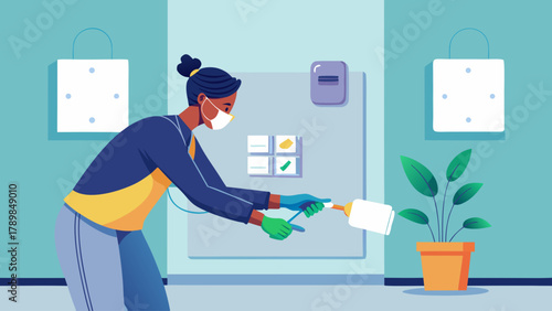 A woman wearing a mask is watering a plant. Concept of responsibility and care for the plant, as well as the importance of maintaining a clean and healthy environment