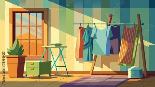 A room with a clothesline and a potted plant. The clothesline is full of clothes and the potted plant is on the left side of the room