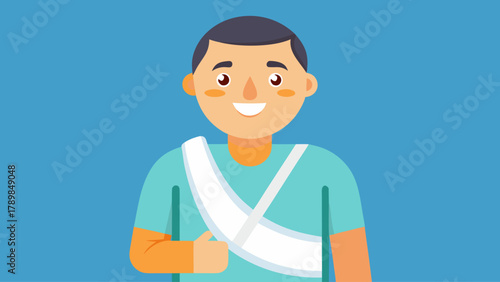 A cartoon man with a white bandage on his arm is smiling. He is wearing a green shirt and a white bandage