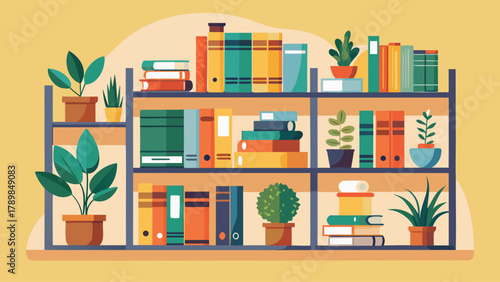 A bookshelf filled with books and potted plants. The books are arranged in various sizes and colors, and the potted plants are placed throughout the shelf, adding a touch of greenery to the space