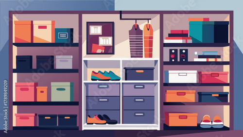 A colorful room with a lot of boxes and shelves. The boxes are of different sizes and colors