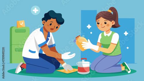 A man and a woman are working together to fix something. The man is kneeling down and the woman is standing up. They are both wearing gloves