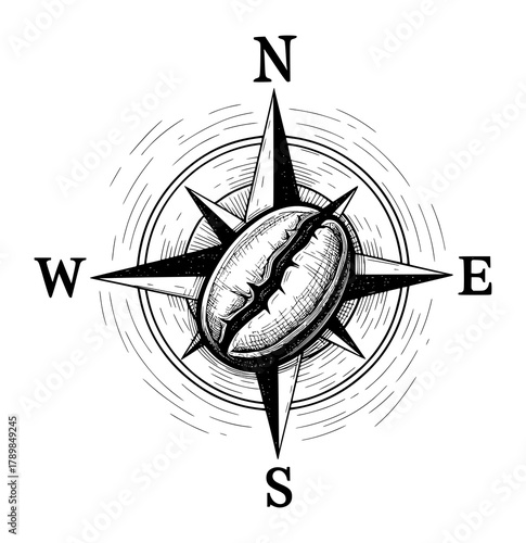 Hand-Drawn Coffee Bean Compass Rose in Vintage Engraving Style. Vector Illustration for Travel and Coffee Culture.