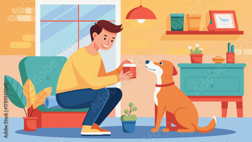 A man is sitting on a couch with a dog. The dog is sitting on the floor next to the man. The man is holding a box and smiling. The room has a yellow and blue color scheme