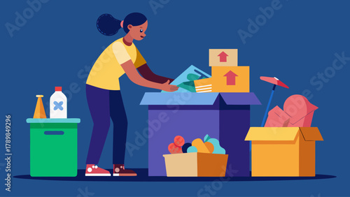 A woman is standing in front of a box of groceries. She is looking at the box and seems to be deciding what to buy. The box is on a blue background
