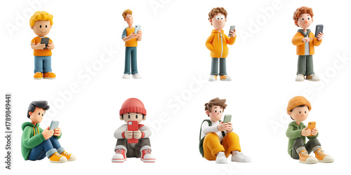 Plasticine human and smartphone die cut no bg png during chitchat and playing game.