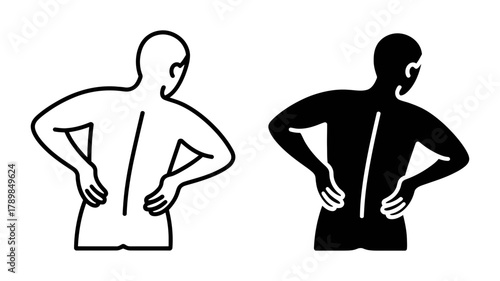 A lower back pain icon, illustrating discomfort and spinal issues in outline and solid styles for health awareness