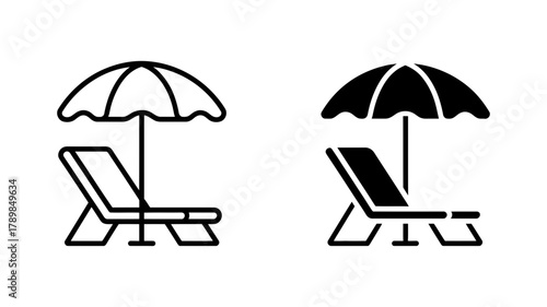 Beach chair and umbrella icon set summer vacation and relaxation concept vector illustration of beach chair and umbrella