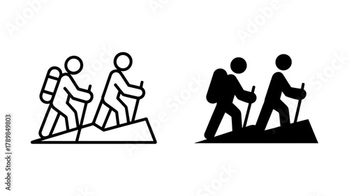 Two hikers with backpacks and trekking poles are climbing a hill, one is an outline, the other is a silhouette