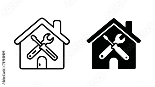Home repair service icon featuring a house with a screwdriver and wrench, symbolizing maintenance and renovation