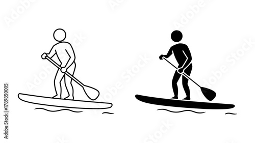 Stick figure paddleboarding on a board with an oar, in black and white, showcasing an active lifestyle