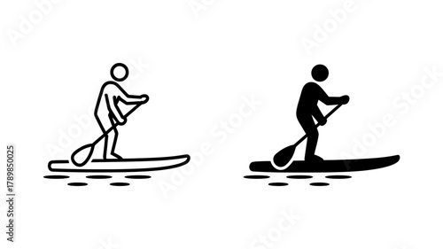 Paddleboarding icon set, depicting a person stand up paddleboarding for water sport and recreational activity concepts