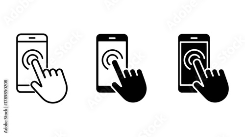 Three smartphone touch icons in outline and solid styles, depicting a hand touching a phone screen