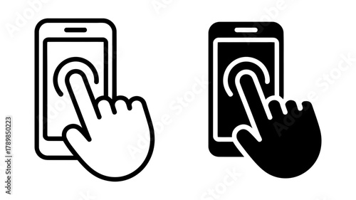 Two smartphone touch icons in outline and solid styles, depicting a hand touching a phone screen