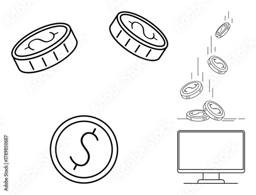 Coins with currency sign falling into a computer screen, symbolizing digital payment, online transactions, and finance growth. Ideal for e-commerce, fintech, investment, banking, cash earning