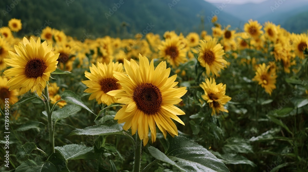 Fototapeta premium A vast field of bright yellow sunflowers in full bloom set against a backdrop of green hills under a softly overcast sky