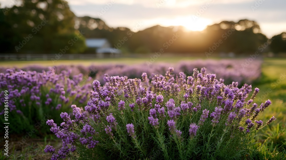 Fototapeta premium A serene lavender field bathed in the warm golden light of a setting sun