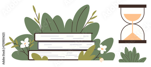 Books placed among vibrant greenery alongside an hourglass symbolizing time. Ideal for learning, education, reading, time management, nature, growth, and mindfulness. A simple flat metaphor