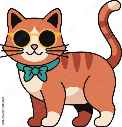a ginger tabby cat wearing round yellow-rimmed sunglasses and a turquoise bow tie, standing and smiling confidently.
