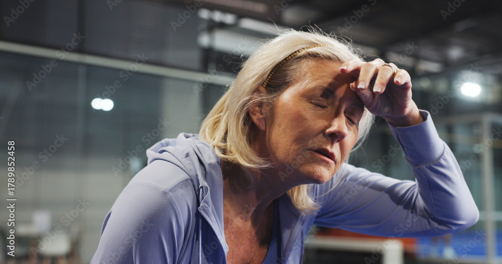 Fototapeta premium Padel, senior and woman with sweat, tired and rest after game, match and training for challenge. Indoor court, sports and person on break, breathe and fatigue for tennis workout, exercise and fitness