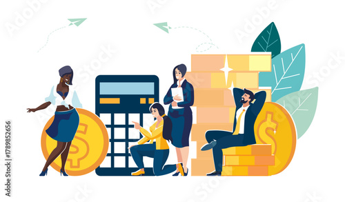 Business, people, bank employees calculate financial income. Accumulating funds, money gold dollar coins, investment growth financing, profitability, people, banking, bank, poster. Vector illustration