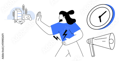Woman gesturing stop toward allergen foods thumbs up milk, fish, and wheat. Includes clock, megaphone, and energy icons. Ideal for health awareness, dietary caution, time management communication