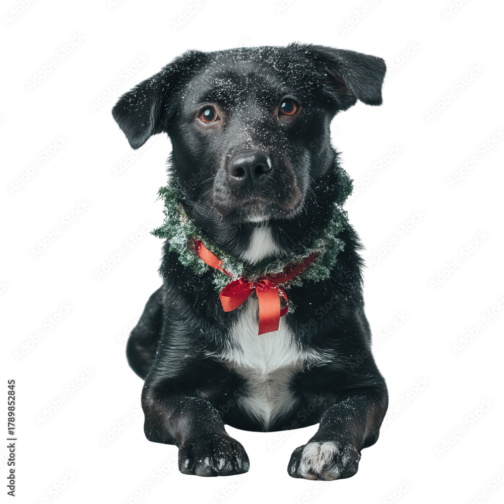Fototapeta premium christmas festival Black dog with a red collar and a curious expression.