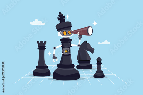 Winning strategy with Artificial Intelligence technology, automation or smart strategic data help future vision to win competition, chess king with AI robot to analyze strategy to see opportunity.