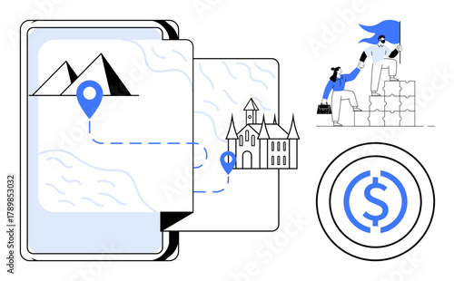 Map on a tablet with locations, mountain-climbing assistance, and currency-related goal. Ideal for travel, planning, teamwork, leadership, success, finance adventure as a simple flat metaphor