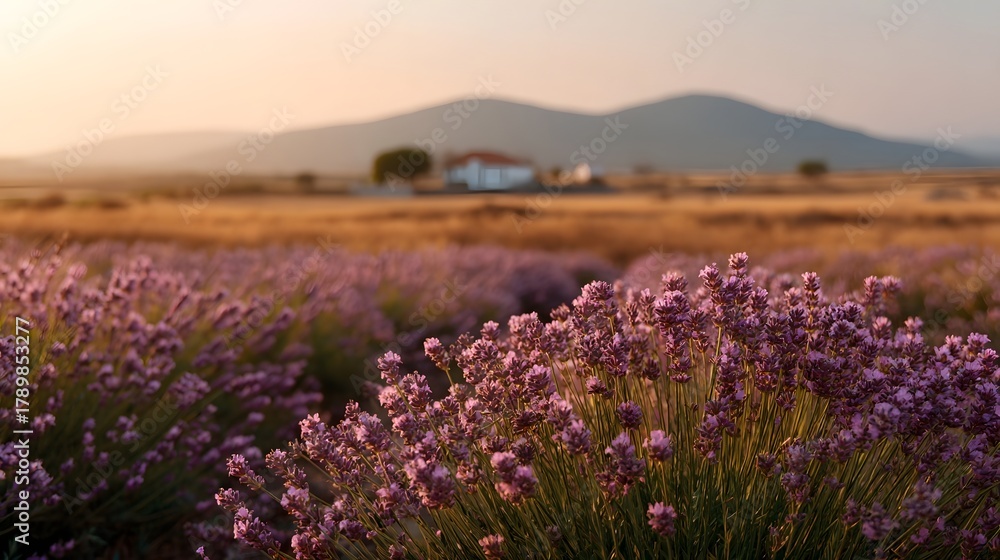 Obraz premium Serene lavender field bathed in warm golden hour light with a distant farmhouse nestled on the horizon