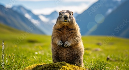 Fototapeta Naklejka Na Ścianę i Meble -  Alpine marmot marvel standing tall in the meadows of the mountains enjoying the sunlight watching the nature around posing in nature photography landscape background