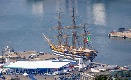 GENOA, ITALY, JUNE 10, 2025 - The Amerigo Vespucci boat moored in the port of Genoa, Italy