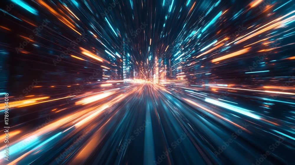 Fototapeta premium Abstract hyper jump into another dimension with bright orange and blue light trails in a digital city