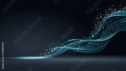 Abstract flowing teal waves with golden particles on a dark background