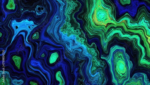 Abstract, swirling, vibrant patterns of deep blues, greens, and turquoise, creating a textured, marbled effect.  Intricate lines and shapes flow organically across the image