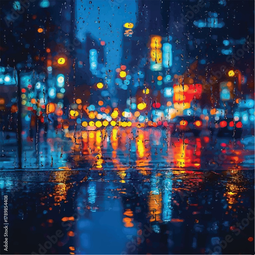 abstract background with colorful lights Rainy Night Cityscape – Skyscrapers Glowing Through the Mist - Wet Pavement Reflections of Tall Buildings in Urban Downtown