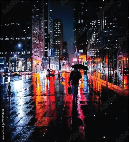 hong kong skyline at night Rainy Evening Reflections on Urban Skyscrapers – City Lights and Raindrops, Modern City Skyline Reflected on Wet Streets at Night, Urban Skyscrapers at Dusk with Rain