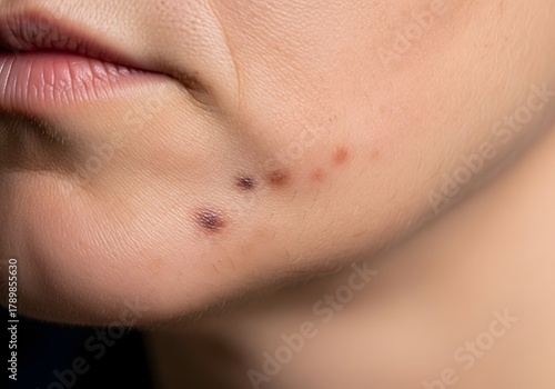 Post-inflammatory hyperpigmentation on a jawline, showing dark brown spots and marks left by healed acne. Smooth texture with only discoloration remaining.