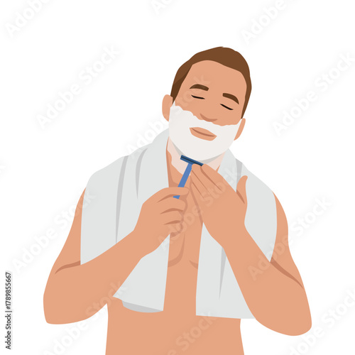 Man Shaving Beard with Razor and Shaving Foam. Flat vector illustration isolated on white background