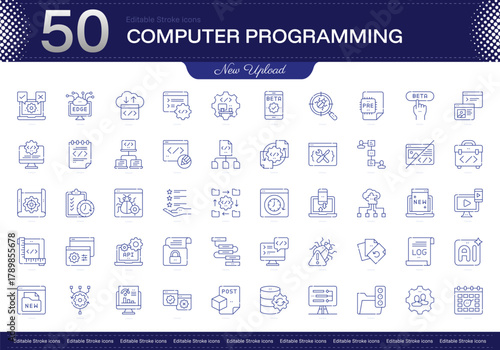 Computer Programming stroke icon. Computer Programming line icon set. editable stroke icon pack. Line, Thin, Linear Style Icon Bundle. Fully Customizable Code, Algorithm, Debugging, Compiler, Syntax