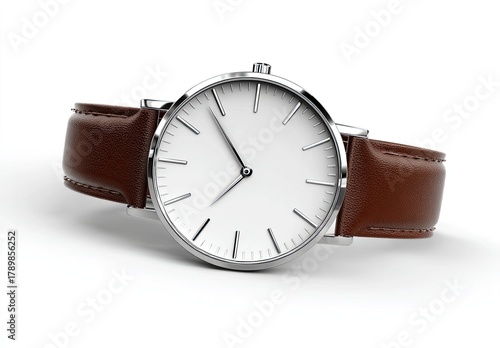 Wallpaper Mural Sleek, round wristwatch with a brown leather band, angled on a white background.  A simple white face with silver-toned hands and markers.  The watch appears modern and classic Torontodigital.ca