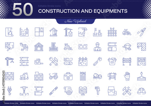 Construction and equipments stroke icon. Construction and equipments line icon set. editable stroke icon pack. Line, Thin, Linear Style Icon Bundle. Fully Customizable Machinery, Tools, Scaffold