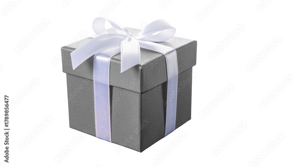 Fototapeta premium A neatly wrapped gray gift box with a white ribbon and bow on top, isolated on a white surface, transparent background