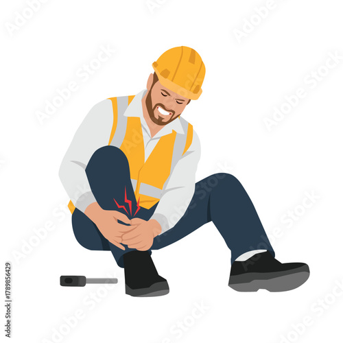 Construction Worker Injured at Work Holding His Ankle. Flat vector illustration isolated on white background