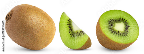 Kiwi with slices collection isolated. Half of kiwi and slice with whole kiwi fruit.